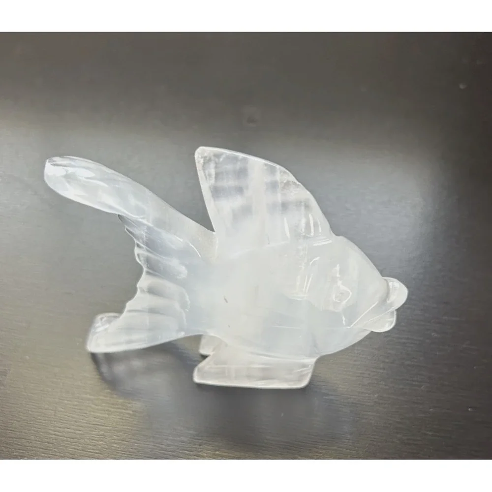 Natural White Onyx Marble Carved Angel Fish Figurine Home Decor Vintage